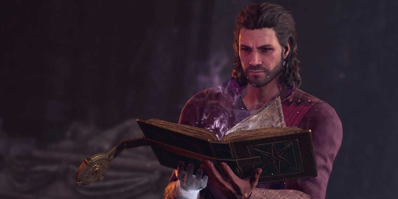 Gale reading magical book in dark surroundings