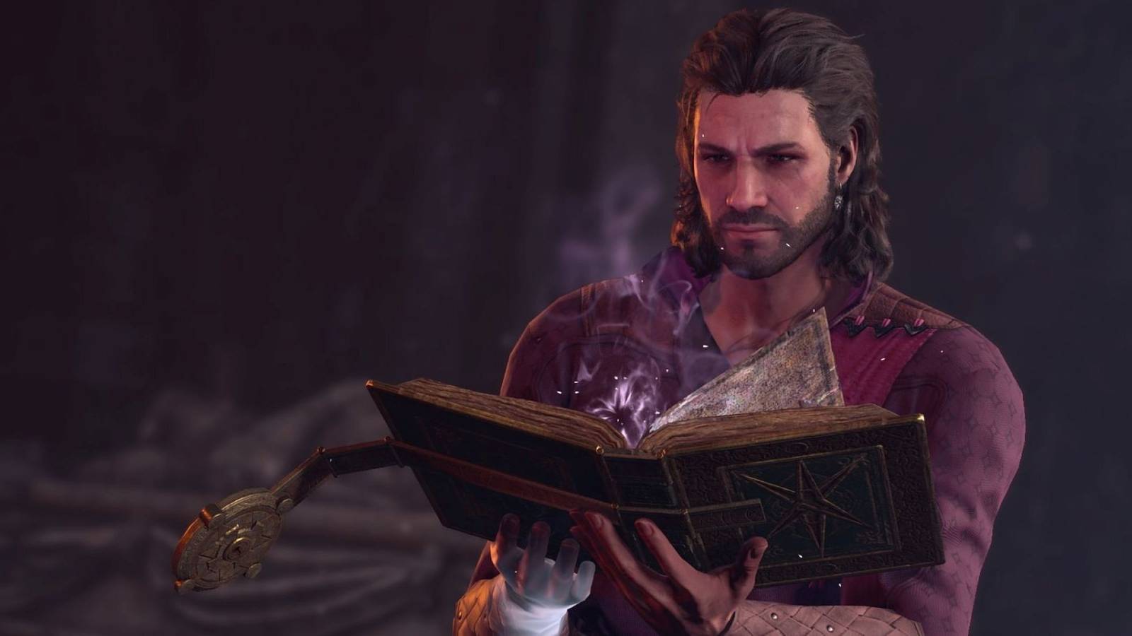 Gale reading magical book in dark surroundings