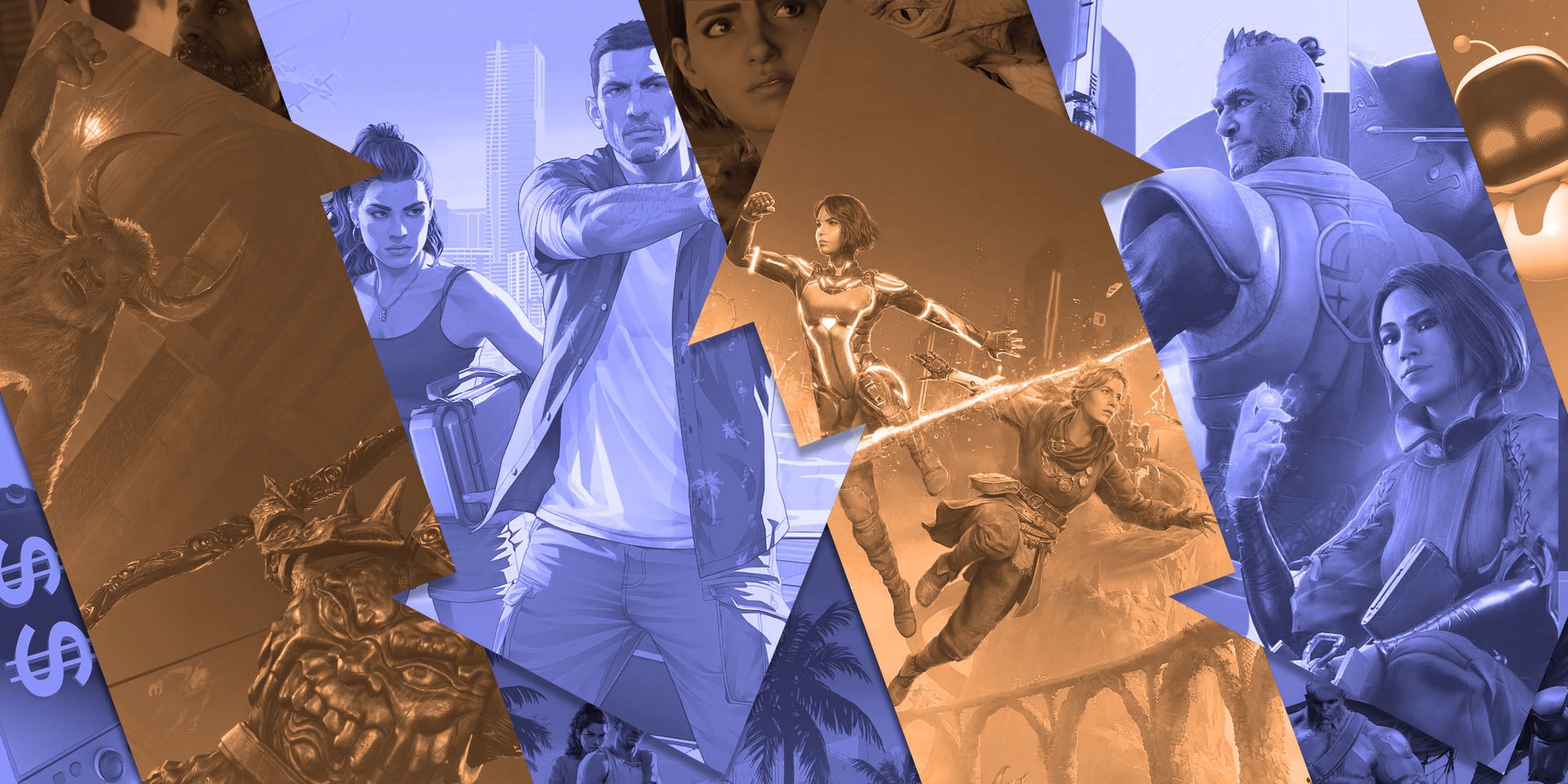 Light blue and orange arrows with images from GTA 6, Split Fiction and other games within them