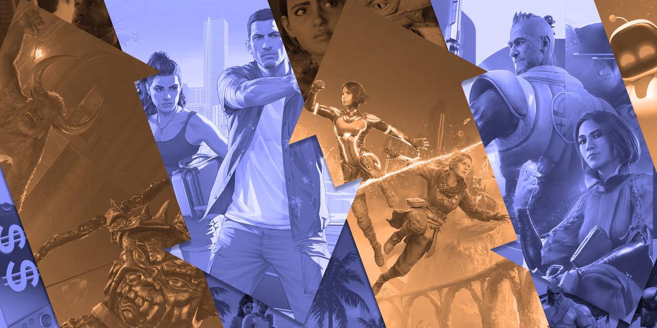 Light blue and orange arrows with images from GTA 6, Split Fiction and other games within them