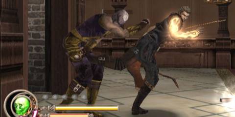 Gene kicking an enemy - God Hand