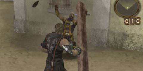 Gene knocks down an enemy with a wooden beam - God Hand
