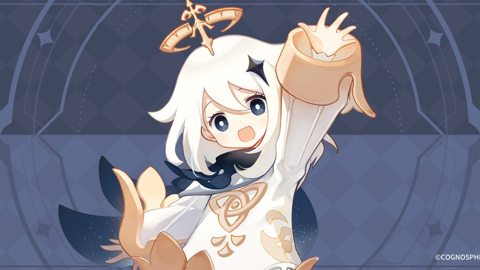 Genshin Impact Paimon waving artwork blue gray background