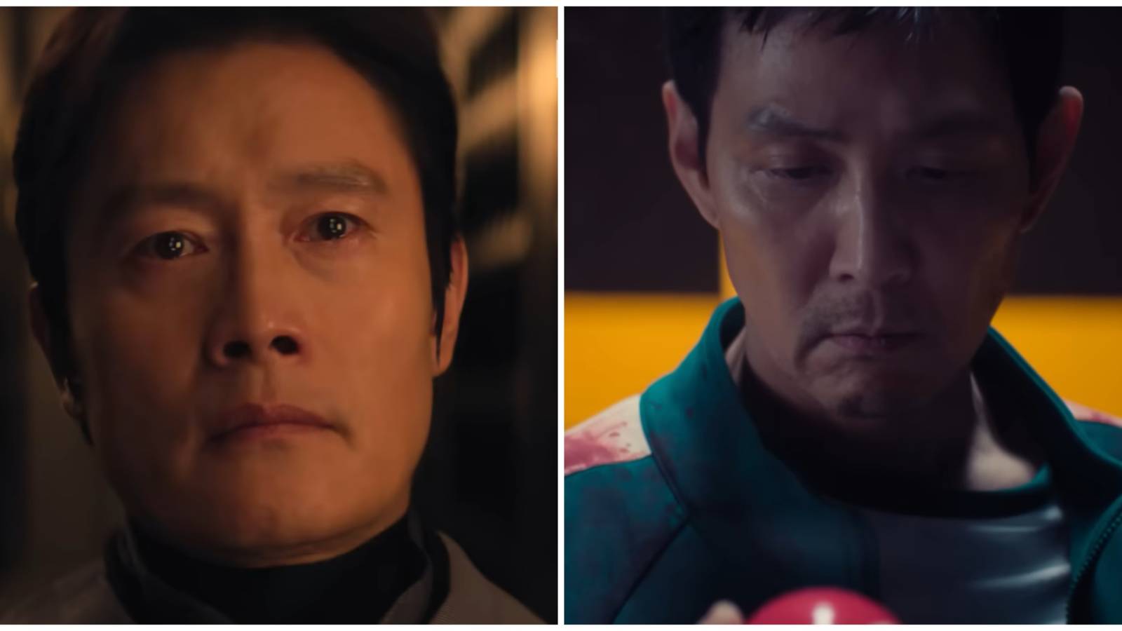 Split image of the Front Man and Gi-hun in the season 3 preview of Squid Game