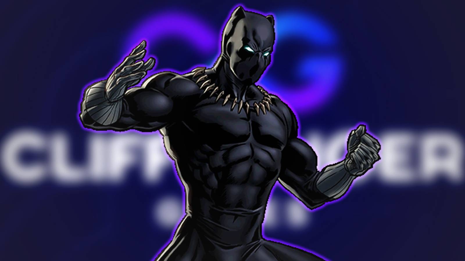 glowing Black Panther Marvel comic book illustration in front of blurred Cliffhanger Games logo