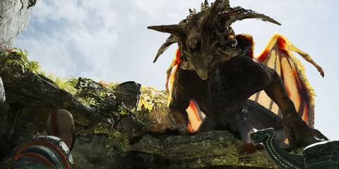 Kratos encountering a captured dragon in God Of War (2018)
