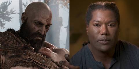 Split image of Christopher Judge and Kratos in God Of War (2018)