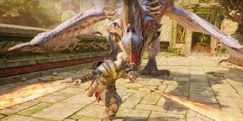 Kratos battling the Corpse Eater dragon in God Of War: Ragnarok