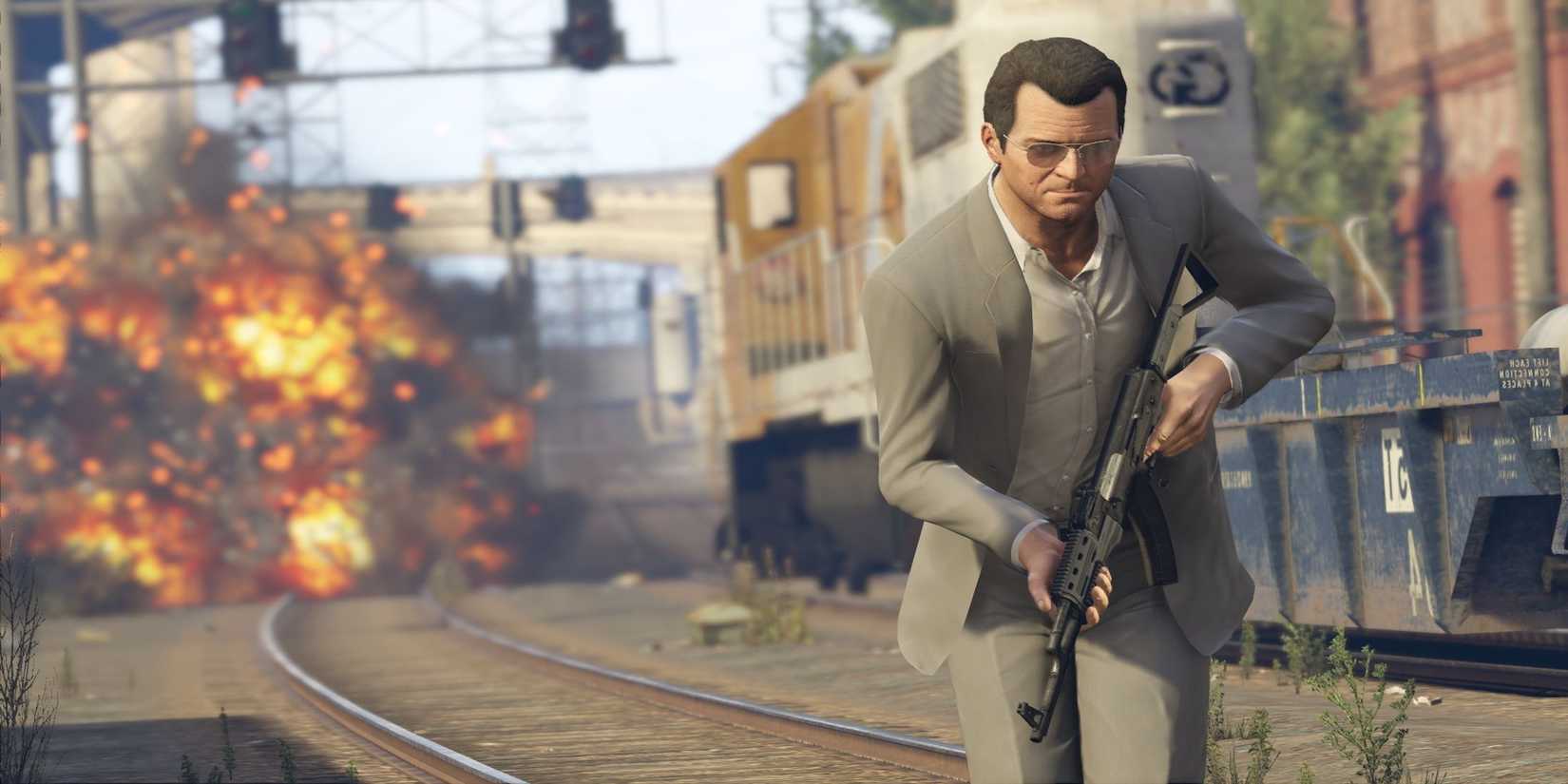 GTA 5 Michael with a shotgun in front of a Train Explosion