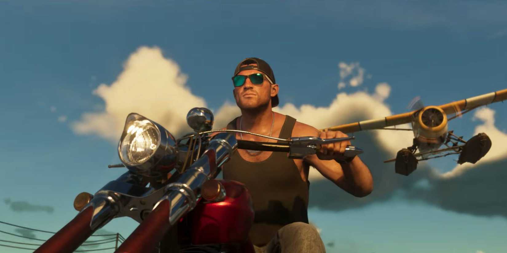 A biker with a plane flying overhead in a Grand Theft Auto 6 trailer