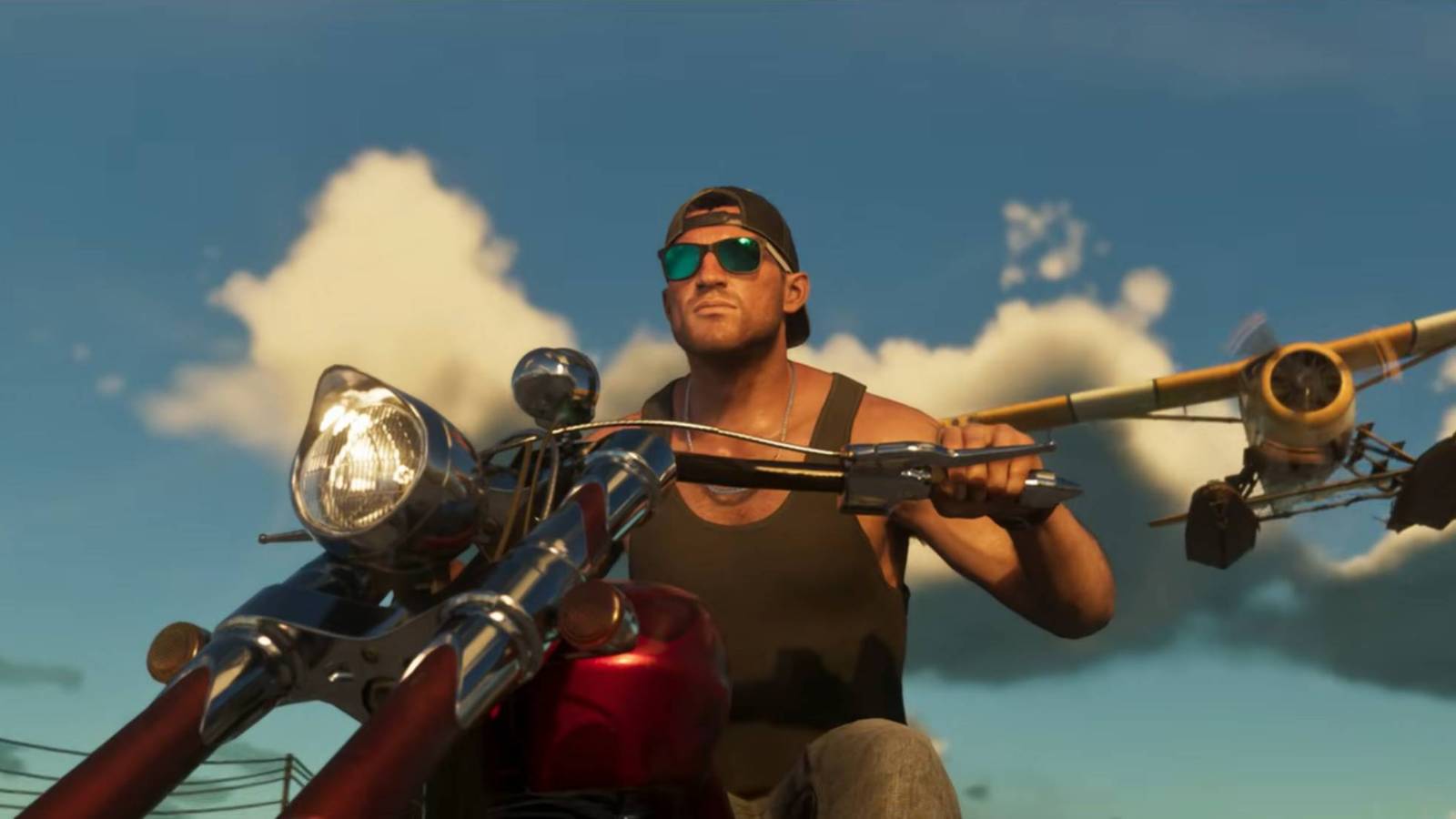 A biker with a plane flying overhead in a Grand Theft Auto 6 trailer