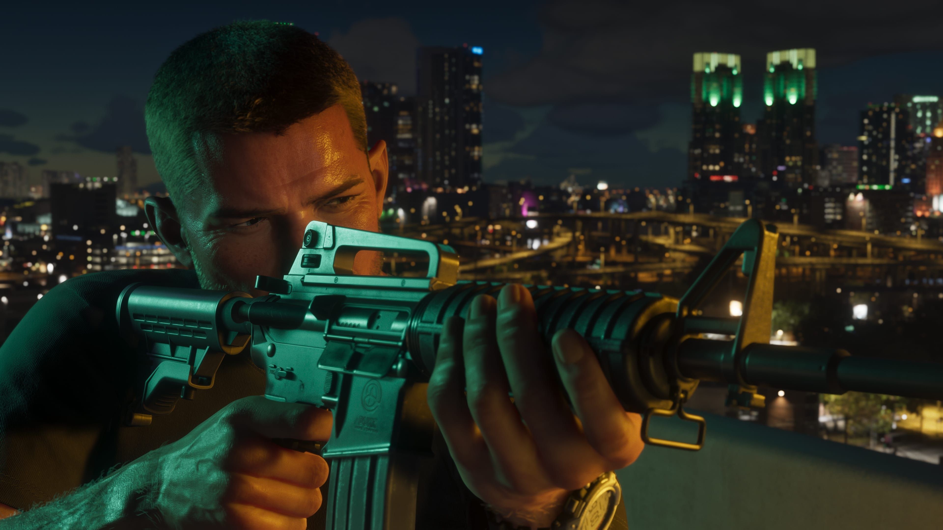 Jason de GTA 6 com uma arma na mão.