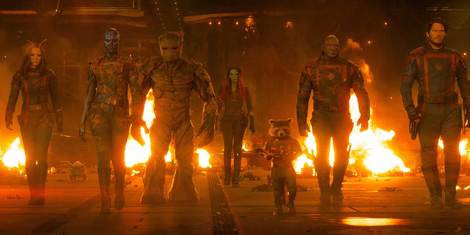 The guardians marching into battle on the High Evolutionary's ship in Guardians Of The Galaxy Vol. 3