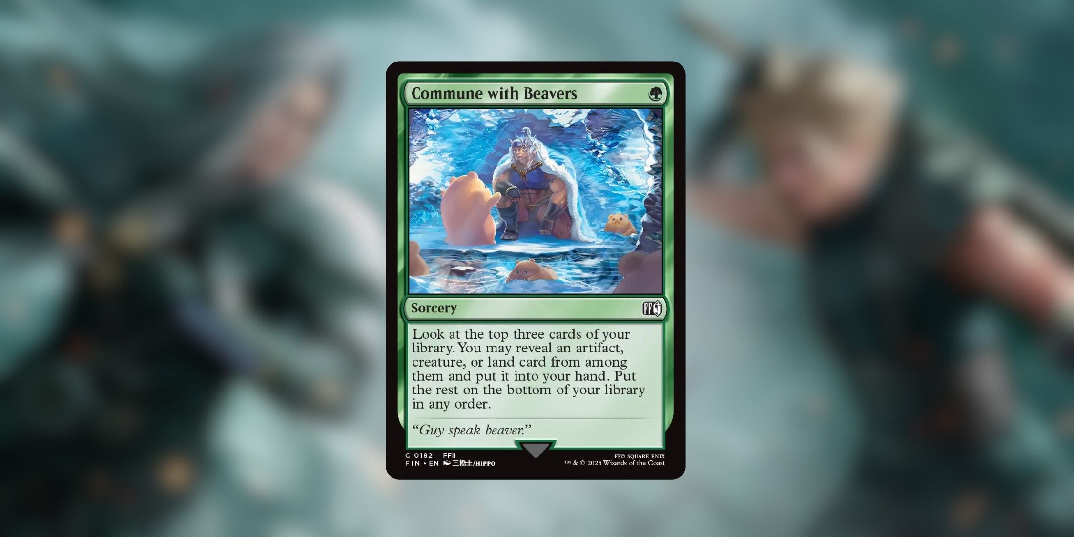 Guy Kneels to the Community with Cartoon Beavers in a funny magic card referring to the iconic Mistranec Final Fantasy II