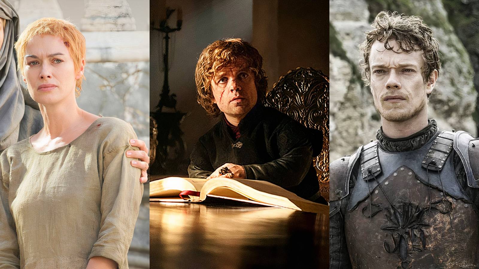 Hannah Waddingham alongside a malnourished Cersei Lannister, Tyrion Lannister, and Theon Greyjoy from Game of Thrones