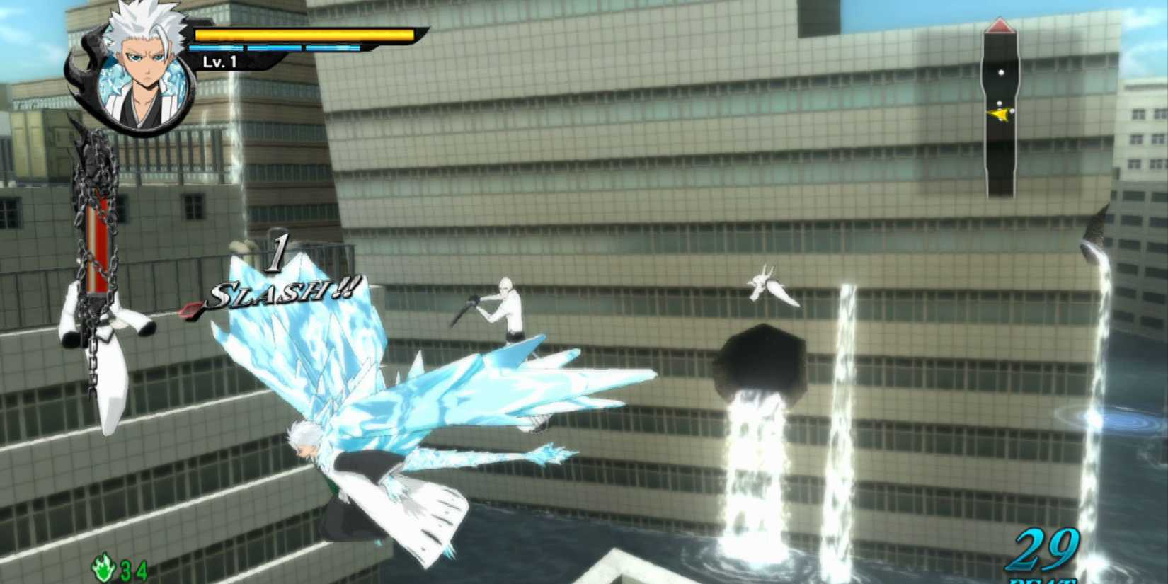Hitsugaya attacks airborne enemies with ice wings in a mid-air combo in Bleach Soul Resurrección