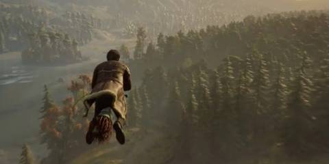 A character rides a broomstick over a vast, sunlit forest landscape in Hogwarts Legacy.