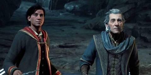 Professor Eleazar Fig and a younger wizard from Hogwarts Legacy