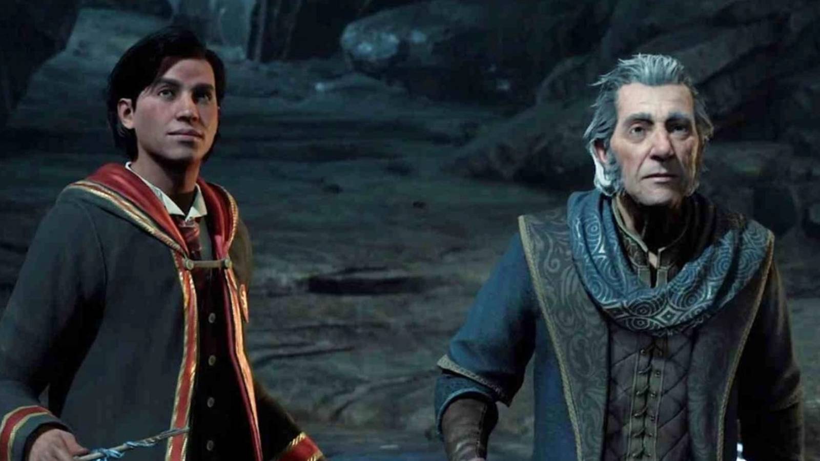 Professor Eleazar Fig and a younger wizard from Hogwarts Legacy