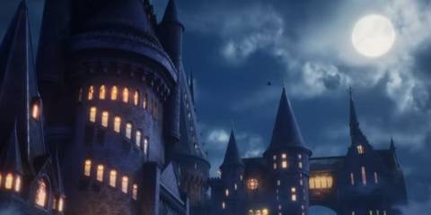 The moonlit silhouette of Hogwarts castle in Hogwarts legacy 