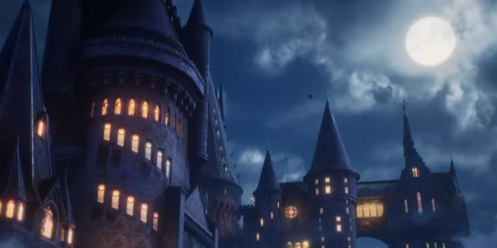 The moonlit silhouette of Hogwarts castle in Hogwarts legacy 