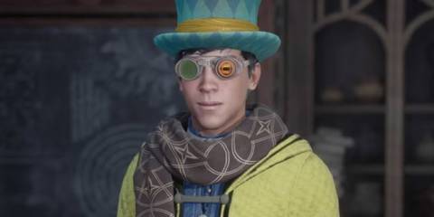 A quirky wizard wearing a green top hat and colorful scarf in Hogwarts legacy