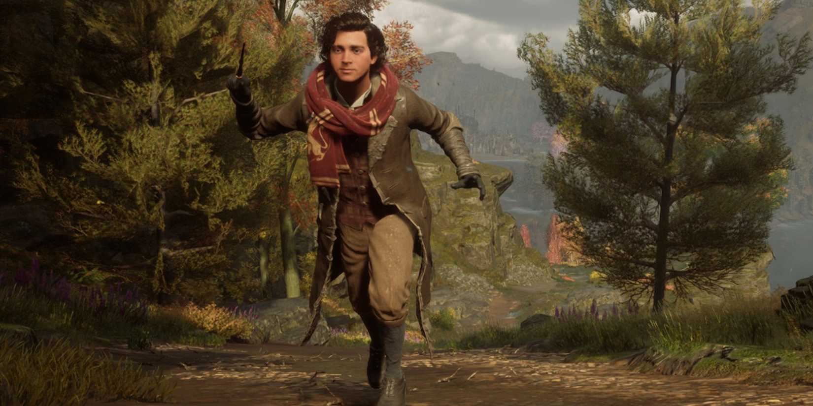 a Hogwarts Legacy character running through the forest