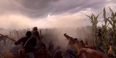 Holding a gun in a field in Darkest of Days