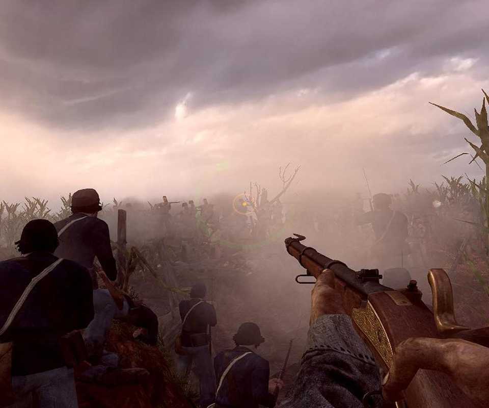 Holding a gun in a field in Darkest of Days