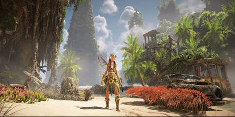 Aloy on a beach in Horizon Forbidden West