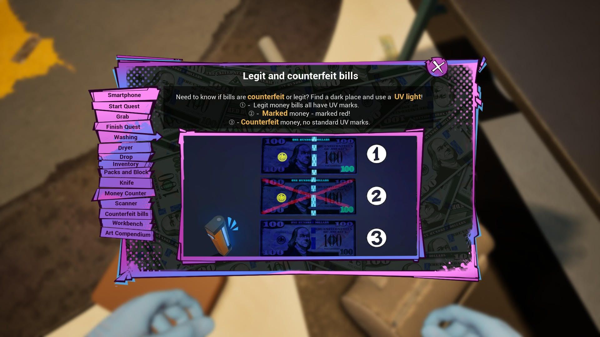 How to identify the bill marked on cash cleaner simulator 