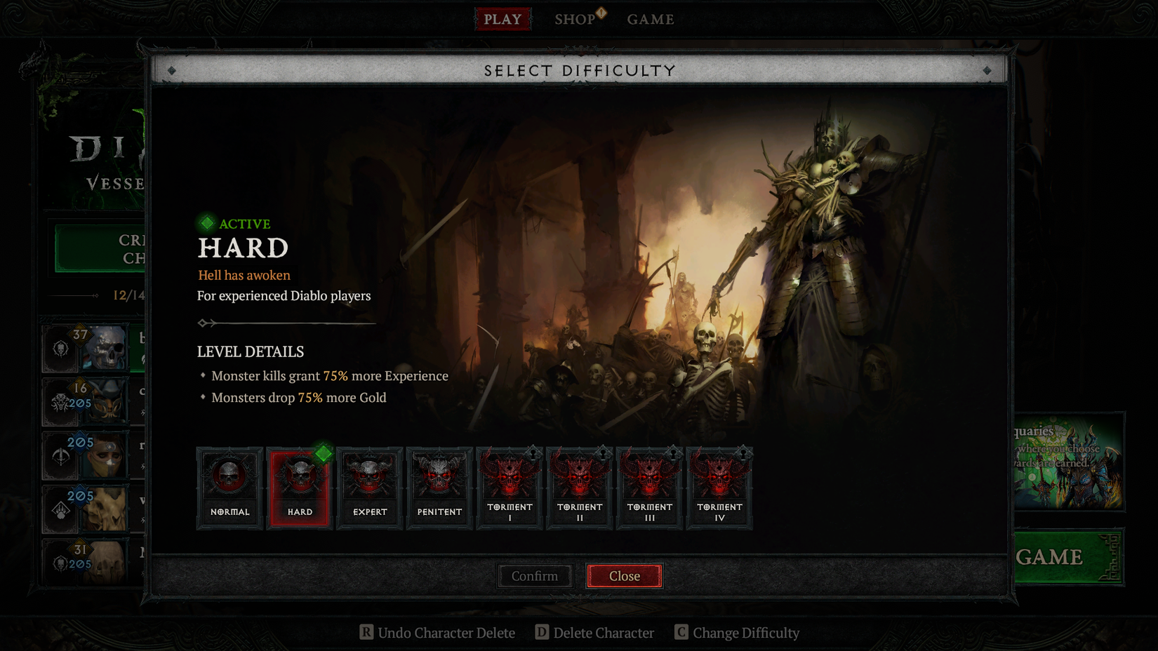 Diablo 4 Difficulties menu