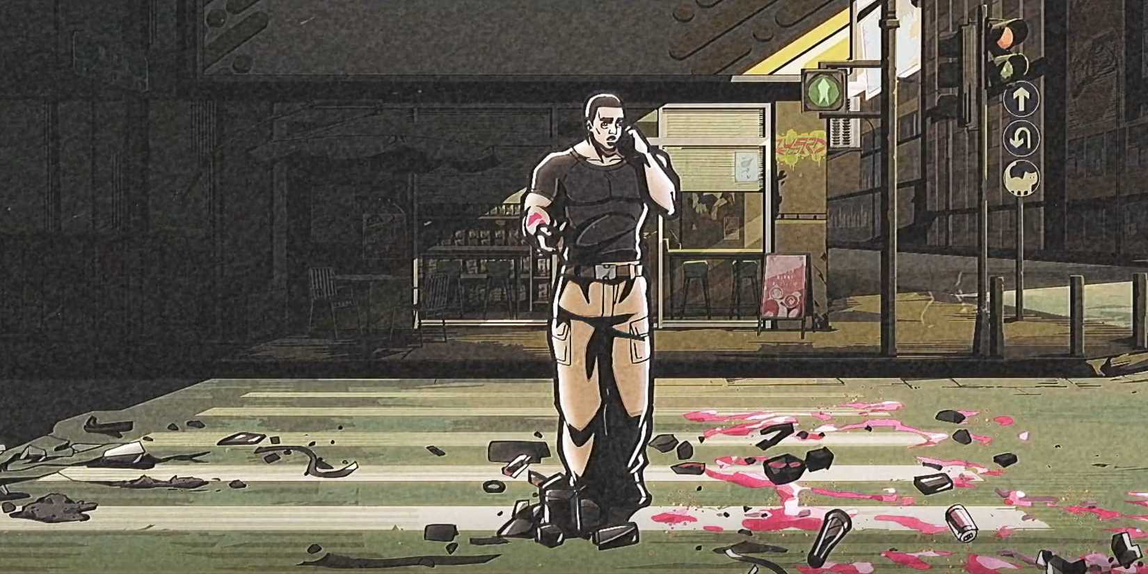 To Be Hero X- Firm Man walking on a crosswalk with metal parts scattered around