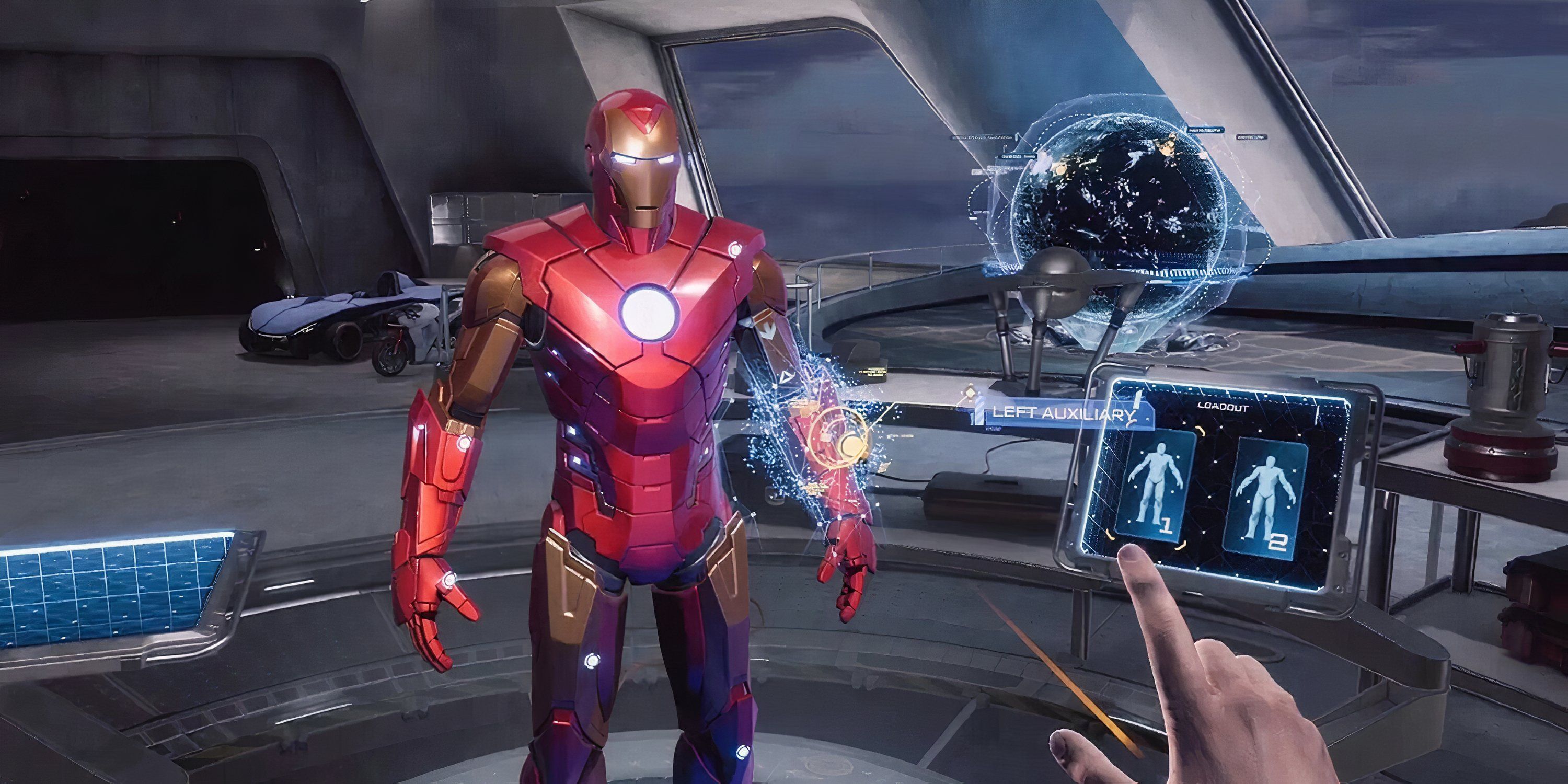 Tony Stark analyzing his suit inside his lab in Iron Man VR