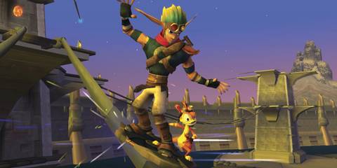Jak and Daxter grinding on a wire in Jak 3