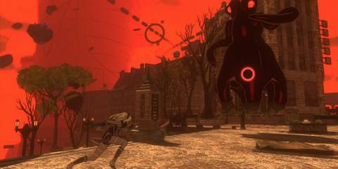 Kat fighting a giant shadow enemy - Gravity Rush Remastered