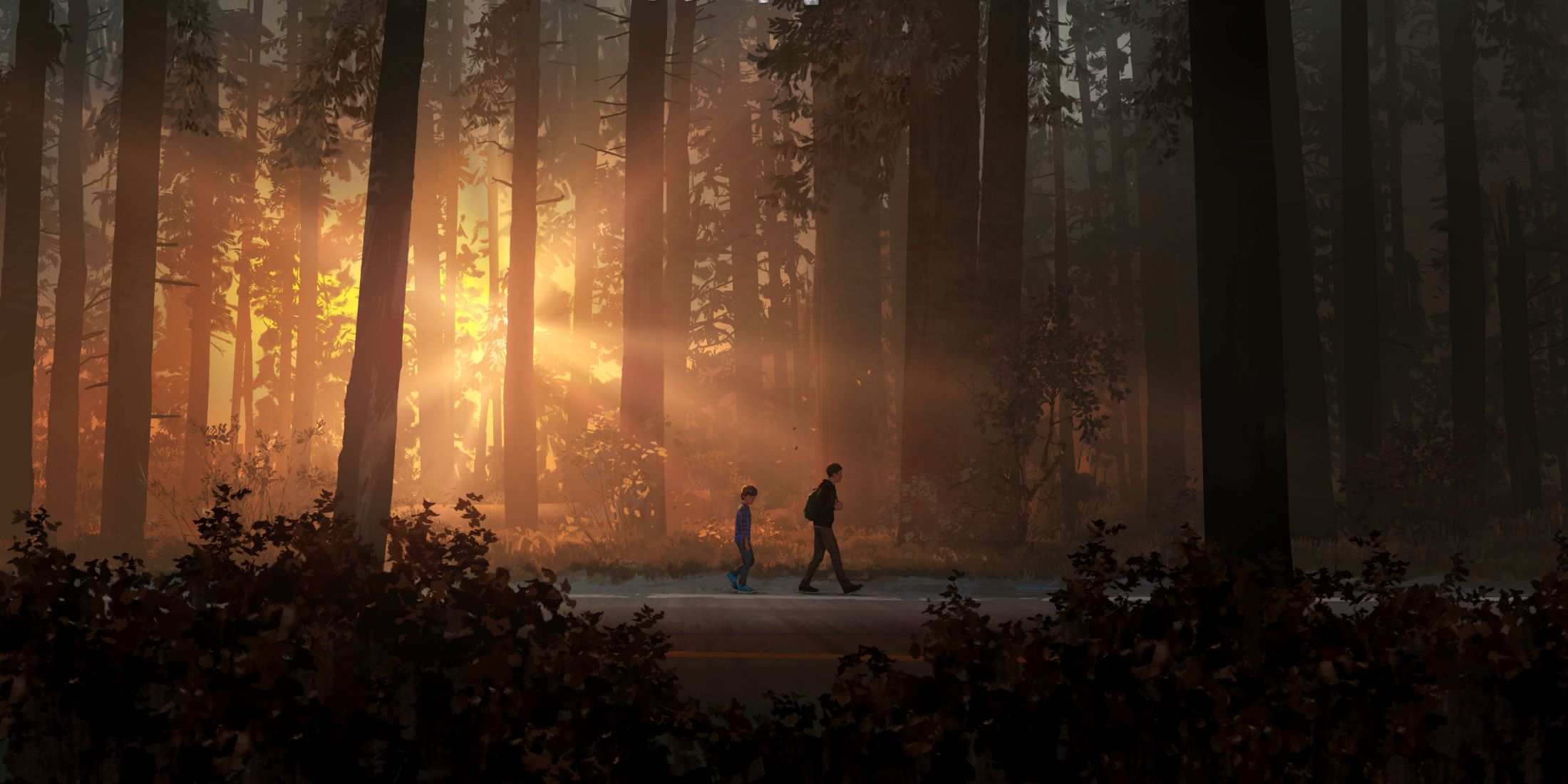 Key Art From Life Is Strange Showing The Game's Protagonists Walking Through A Dark Wooded Area