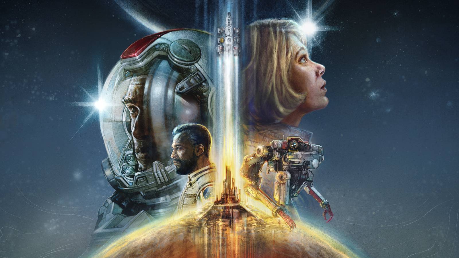 Key Art From Starfield Showing A Cinematic Arrangement Of The Game's Characters In Action Poses