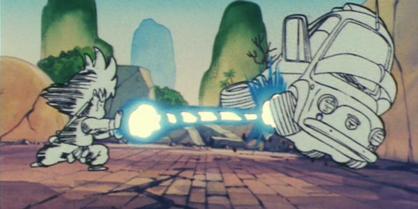 Kid Goku using a Kamehameha wave on a car in Dragon Ball
