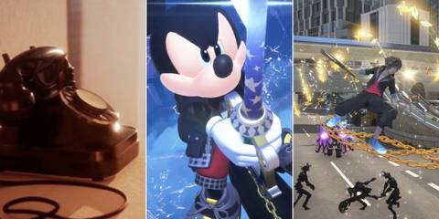 A collage of three things about Kingdom Hearts 4 that were confirmed via the new screenshots: the rotary phone, a playable King Mickey and Sora fighting with his Builds and Flowmotion.