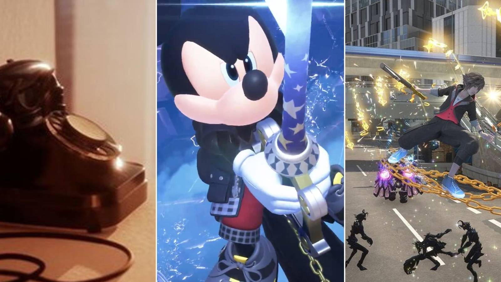 A collage of three things about Kingdom Hearts 4 that were confirmed via the new screenshots: the rotary phone, a playable King Mickey and Sora fighting with his Builds and Flowmotion.