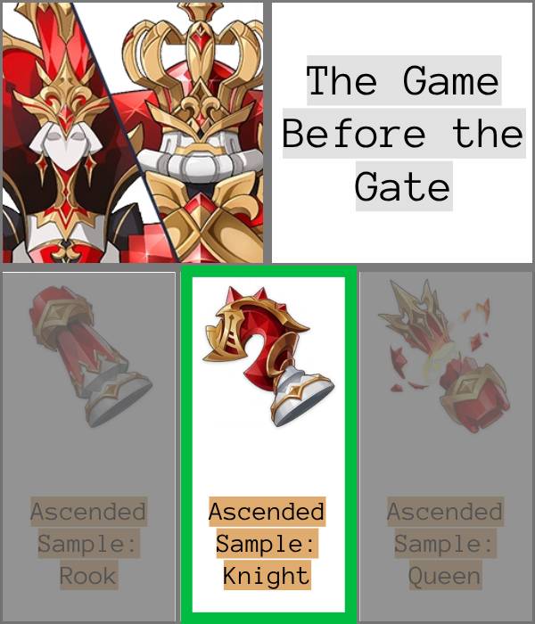 an infographic of the game before the gate trounce domain. The Knight is highlighted with a green square, the queen and rook are both greyed out