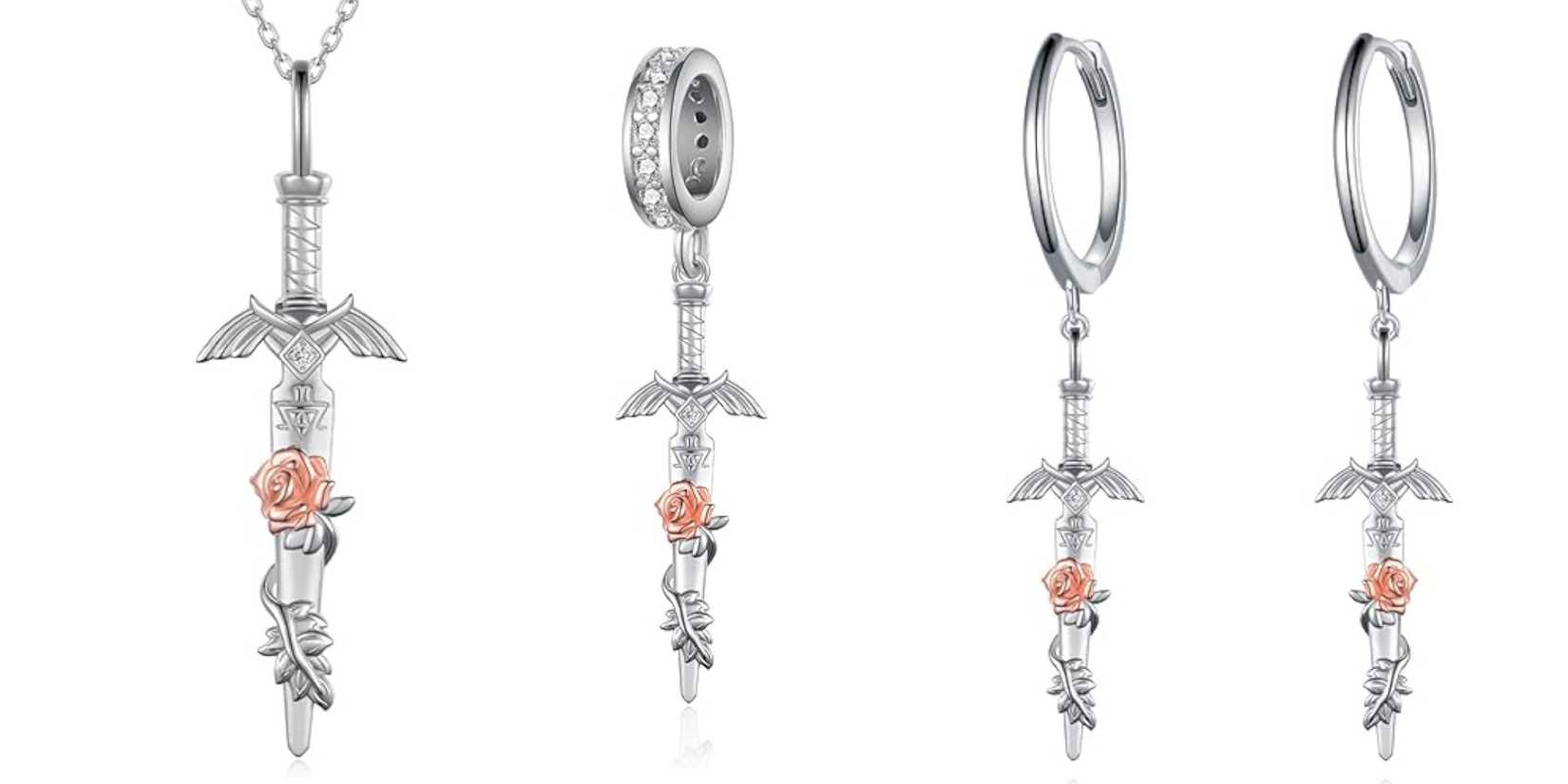 Legend of Zelda Master Sword Sterling Silver Jewelry Necklace, Earrings, and Charm for Bracelet