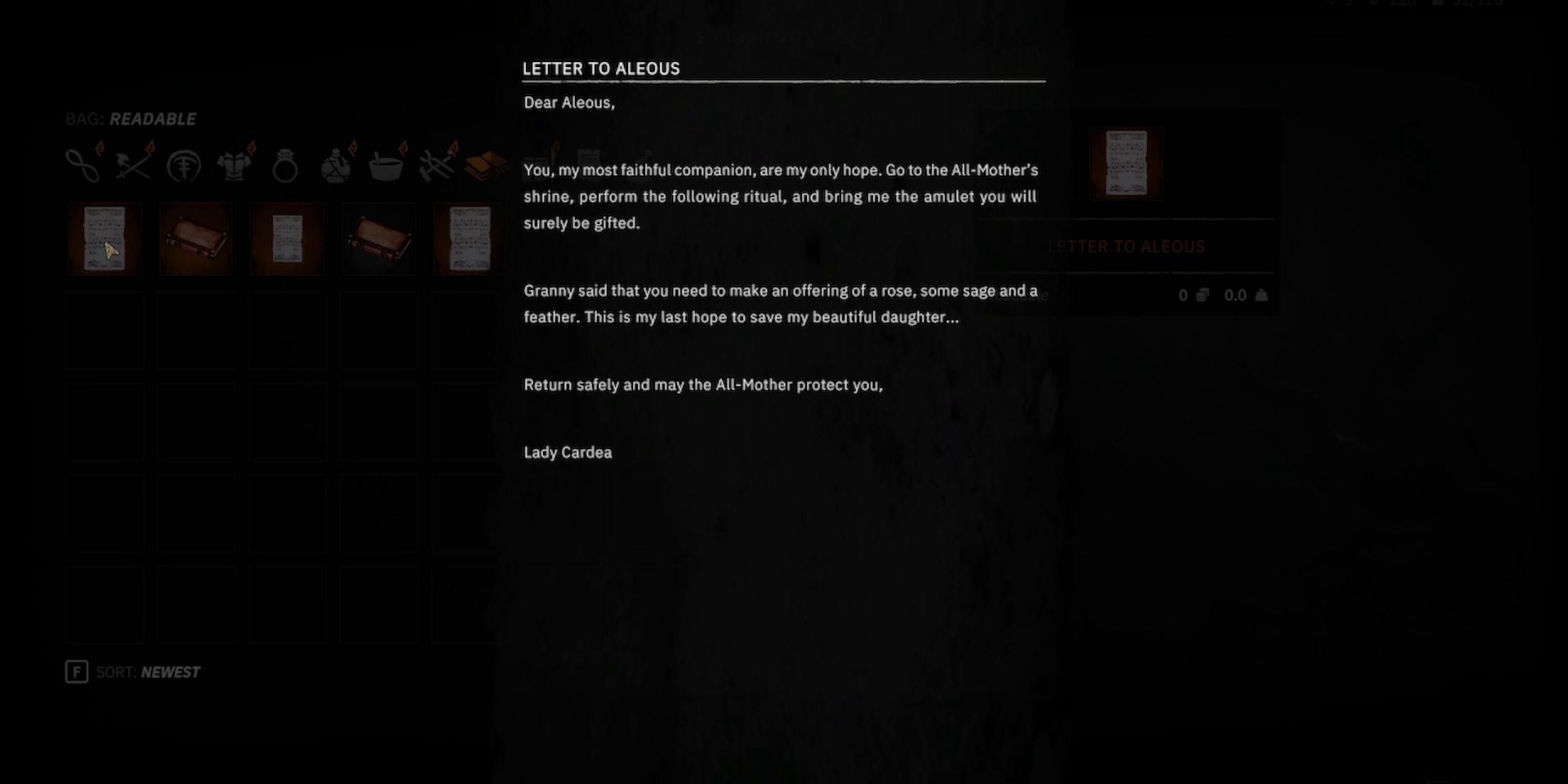 letter to aleous all-mother shrine in tainted grail the fall of avalon