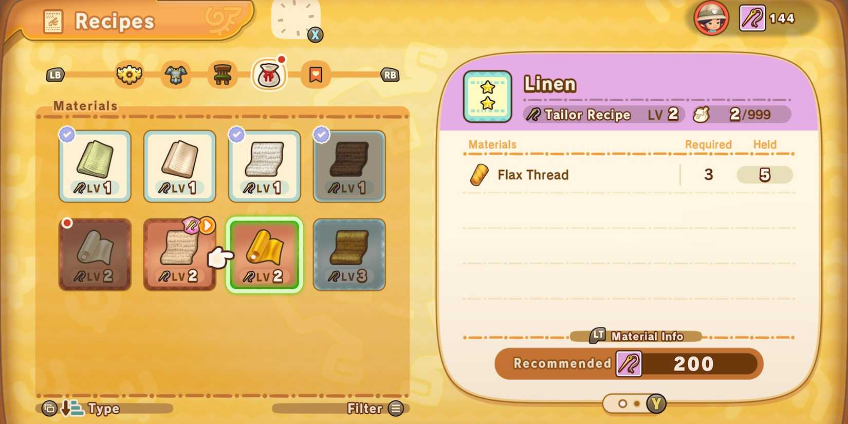 Linen crafting recipe in Fantasy Life i: The Girl Who Steals Time
