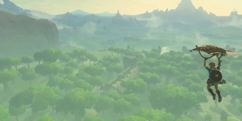 Link gliding across Hyrule - The Legend of Zelda Breath of the Wild