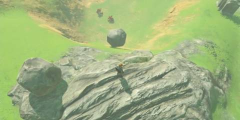 Link trying to defeat some moblins with a boulder - The Legend of Zelda Breath of the Wild
