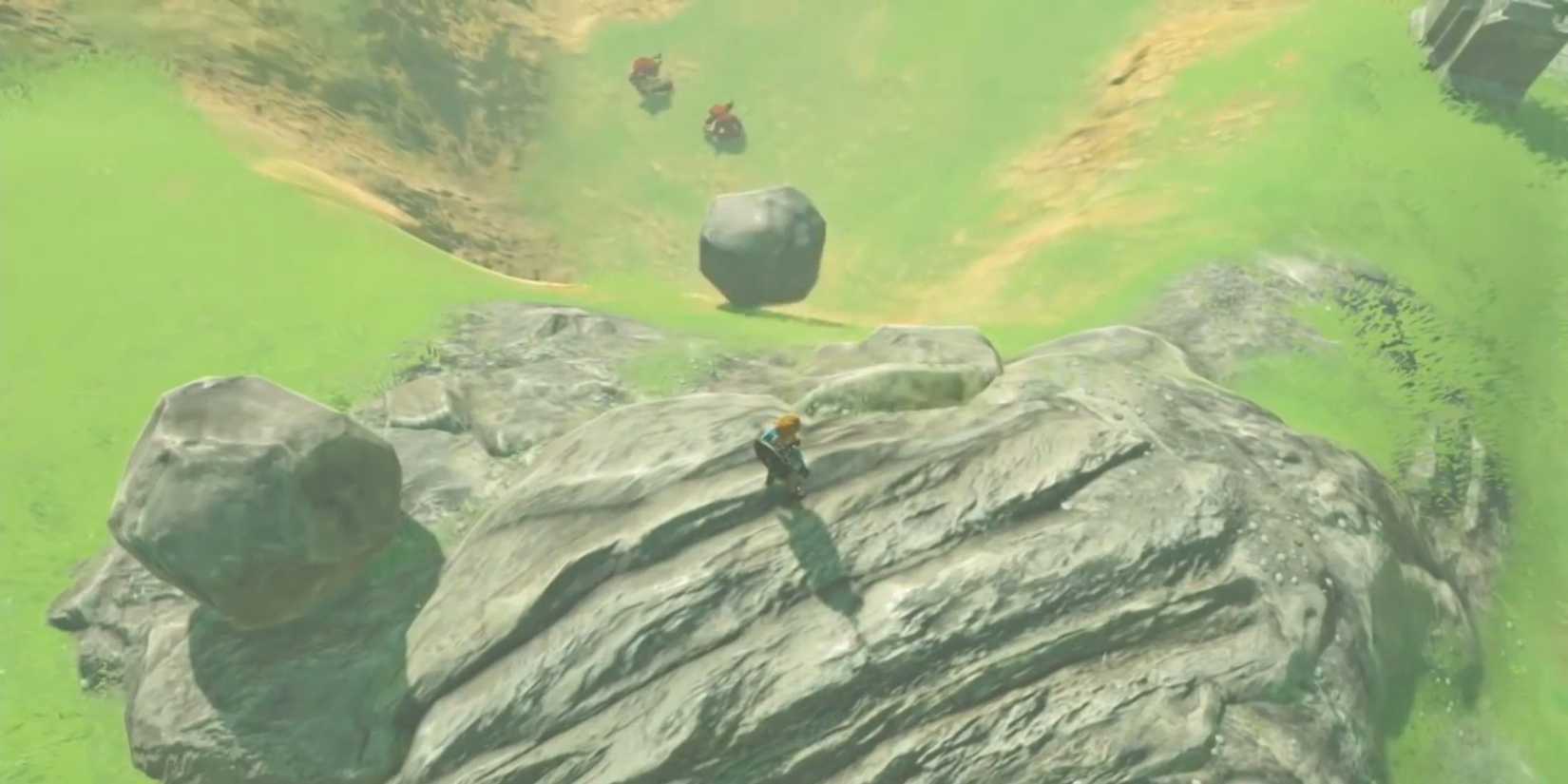 Link trying to defeat some moblins with a boulder - The Legend of Zelda Breath of the Wild