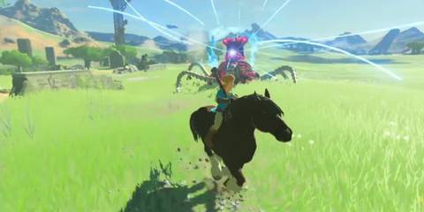 Link trying to escape from a guardian on horseback - The Legend of Zelda Breath of the Wild