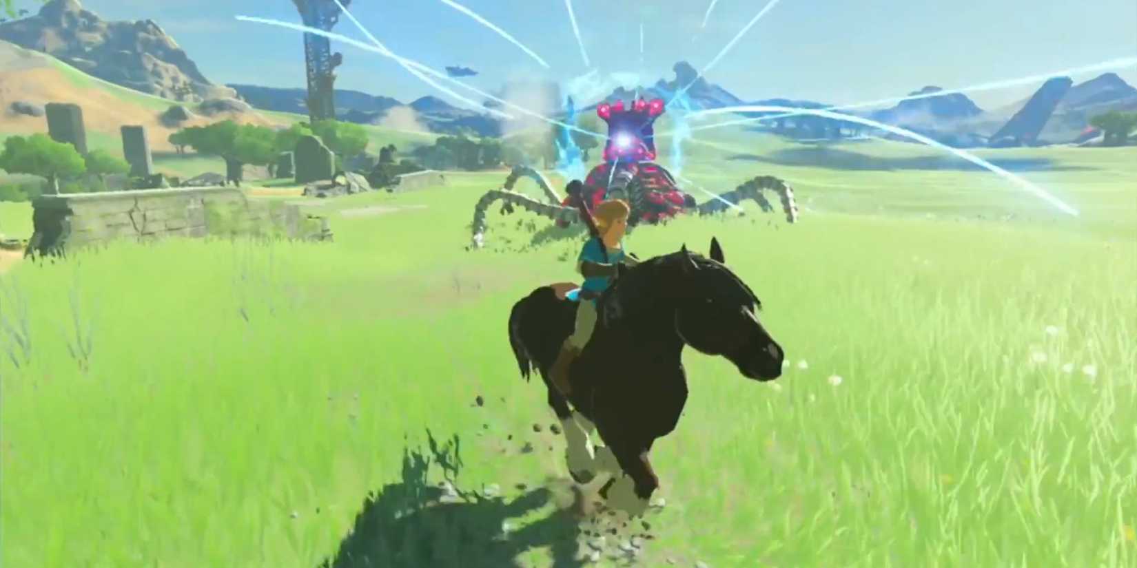 Link trying to escape from a guardian on horseback - The Legend of Zelda Breath of the Wild
